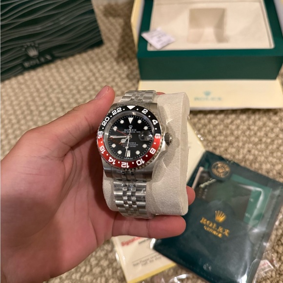 Rolex Men's Silver Watch with Black Dial and Red Bezel - Picture 1 of 3